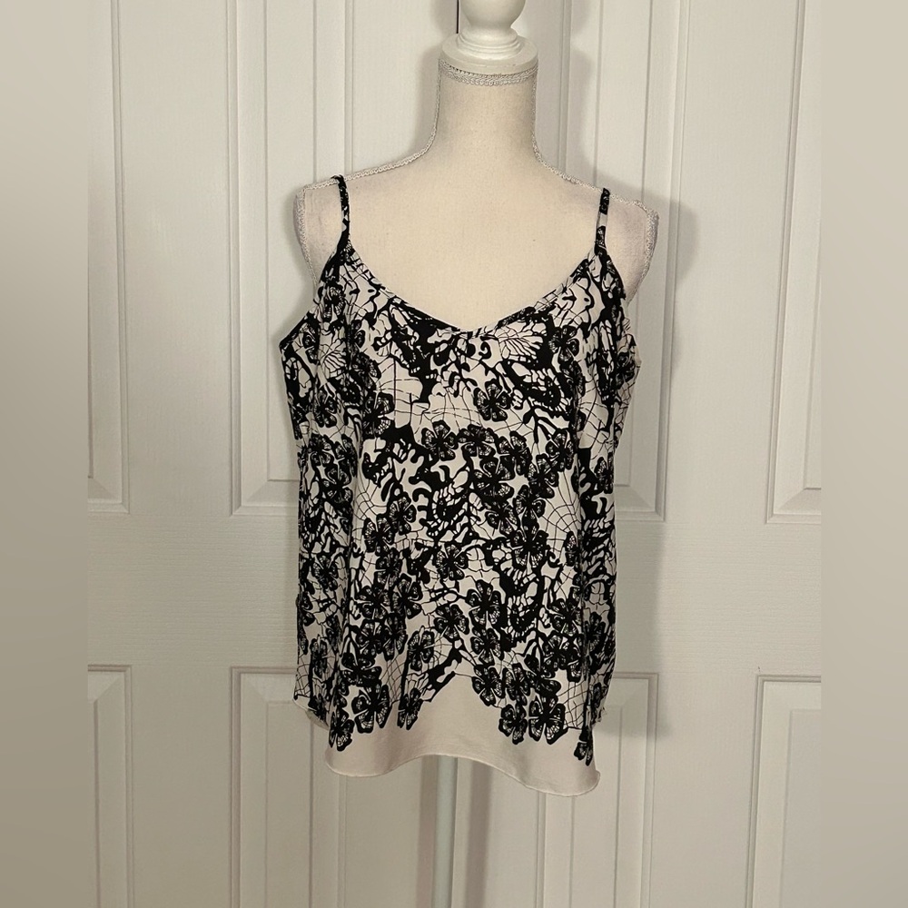 NWOT RETROD Women Cami Tank Top, Flowers Pattern, Black & White, Size Large
